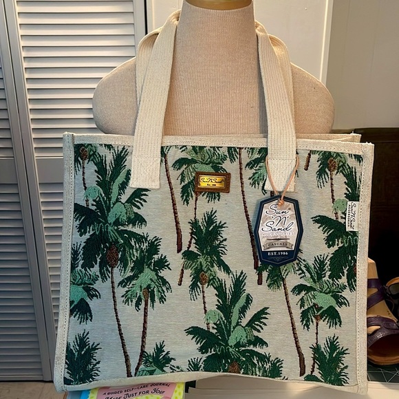 NWT Sun N Sand Beach Bag Cotton Zipped Top Palm Tree Print Pocketbook Tote Bag - Picture 1 of 16